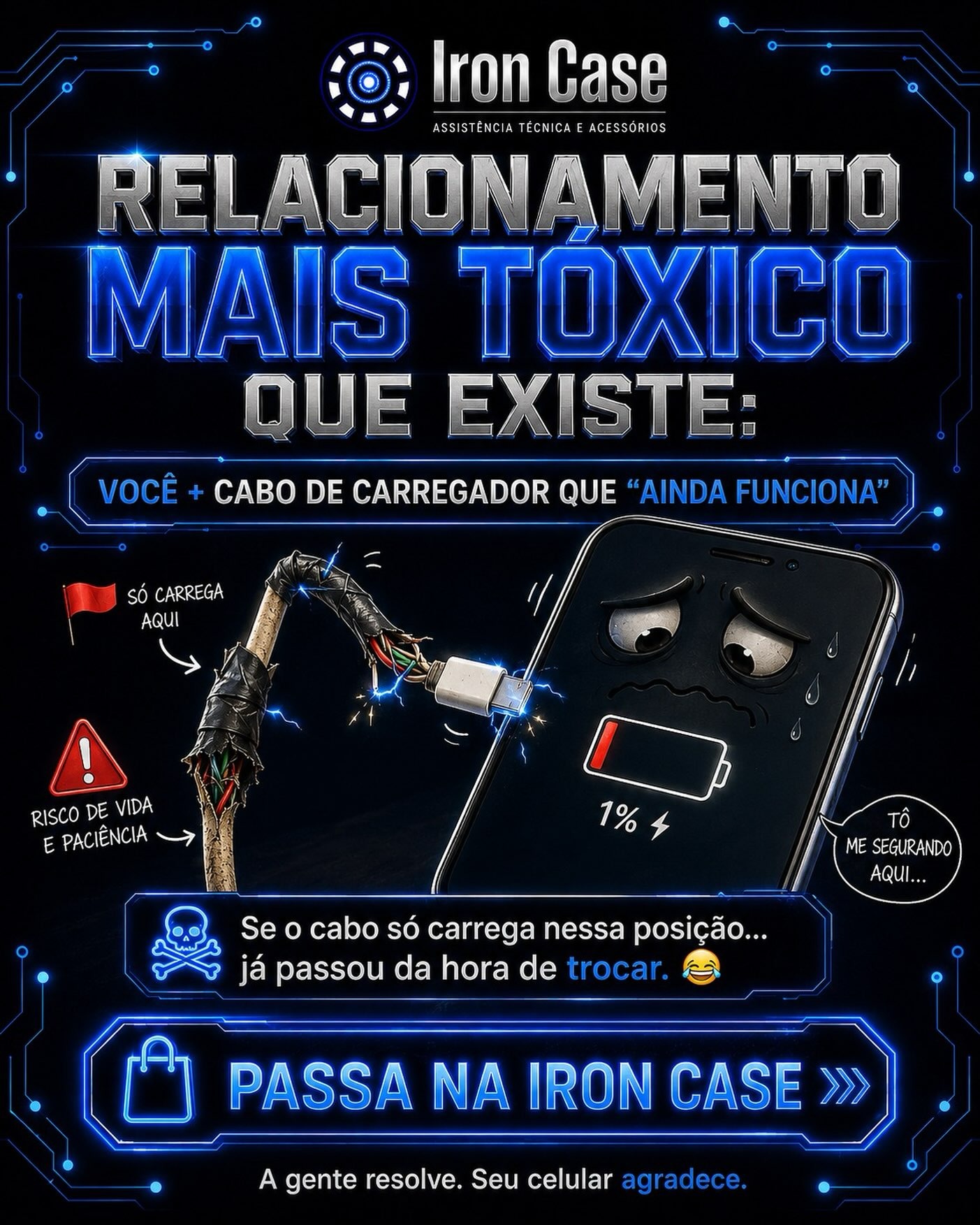 Post do Instagram da Iron Case sobre cabos de carregador danificados